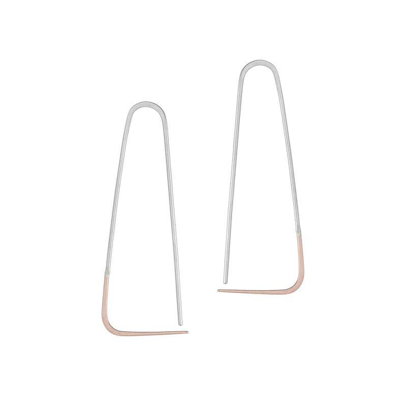 E303s.yg Small Two-Toned Mixed Metal Triangle Pull-Through Earrings in Sterling Silver and Yellow Gold