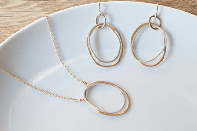 E163g.yg Gold & Silver Double Organic Hammered Hoop Earrings, N161g.yg Double Organic Loop Necklace