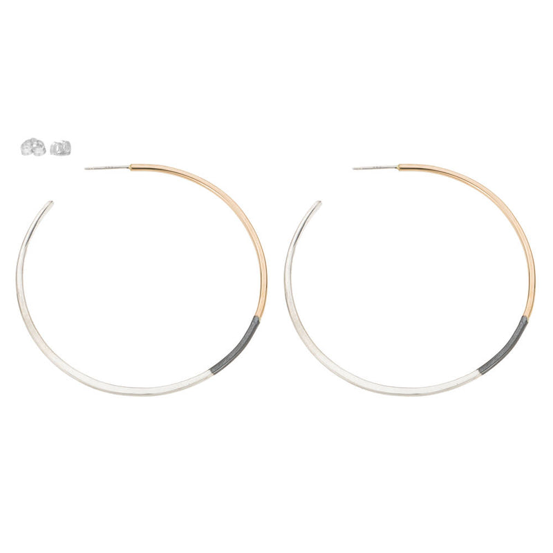 E310t.yg Tri-Toned Mixed Metal Classic Hoop Earrings in Yellow Gold, Sterling Silver and Black Oxidized Silver