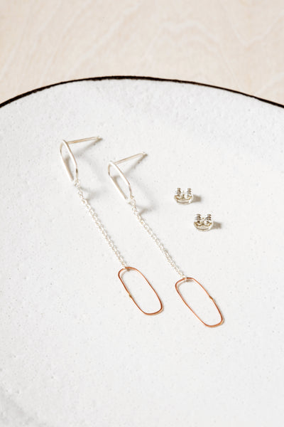 E353s.rg Rectangle & Chain Post Earring in Sterling Silver and Rose Gold