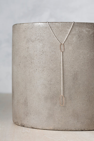 N309s.rg Rectangle Lariat Necklace in Sterling Silver and Rose Gold