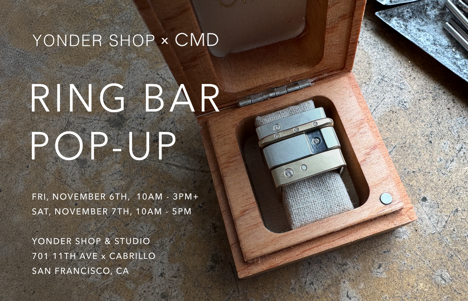 Yonder Shop x CMD Ring Bar Pop-Up in San Francisco featuring a mixed-metal diamond ring stack displayed in a CMD jewelry box.