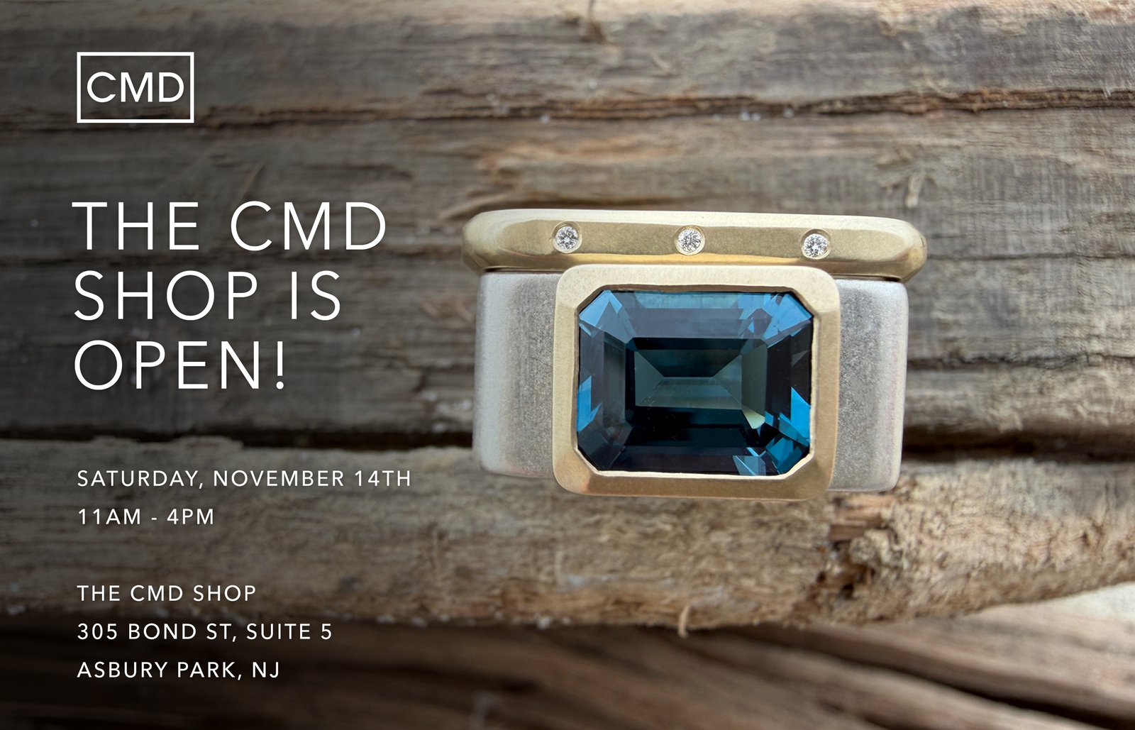 Close-up of a bold CMD ring stack featuring a rectangular deep blue natural london topaz in a gold bezel setting on a wide sterling silver square ring. Promotes Open Hours at The CMD Shop in Asbury Park, NJ, November 14, 2026, from 11am–4pm.