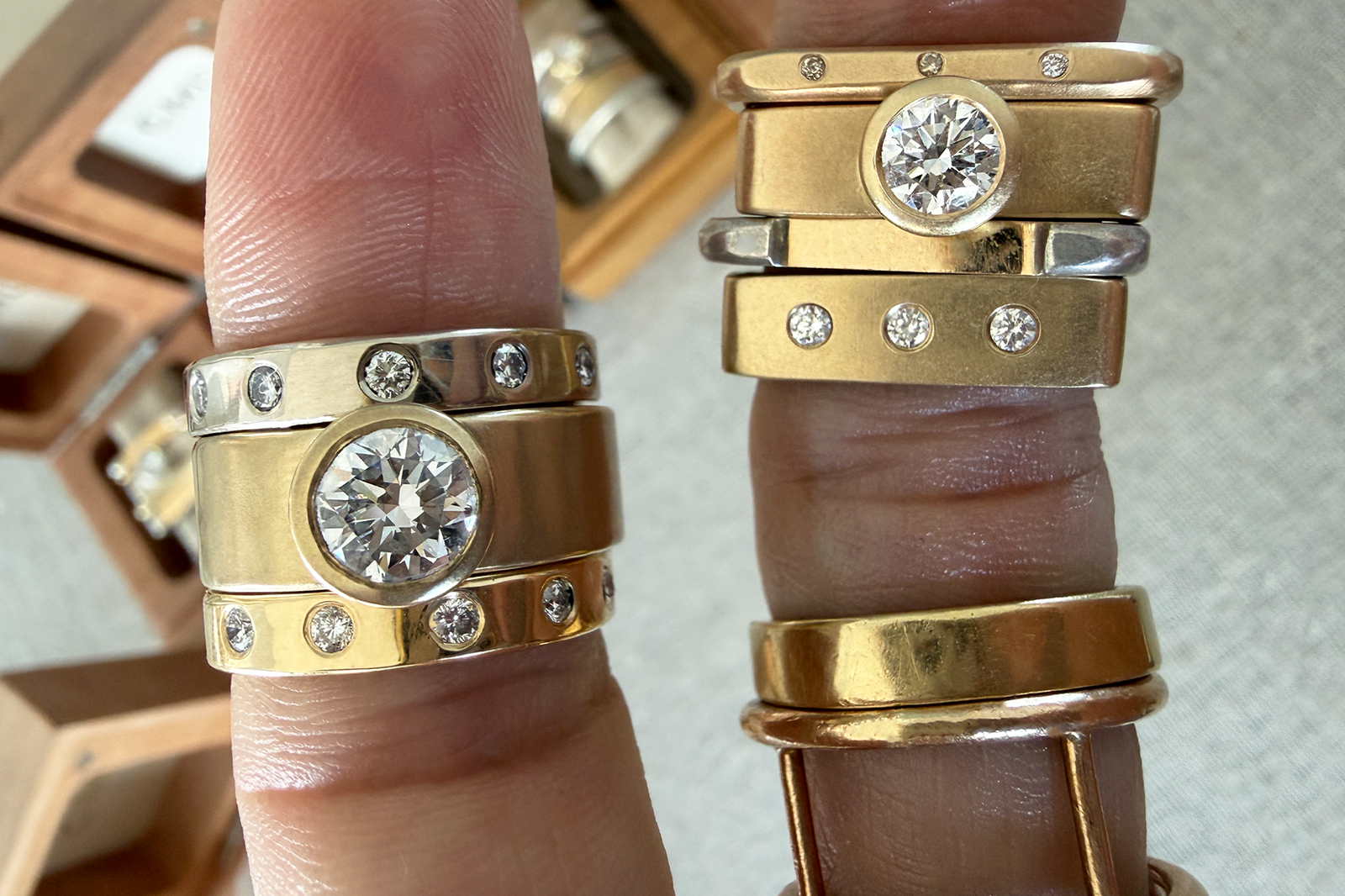 Custom 14k gold and diamond ring sets by Colleen Mauer Designs