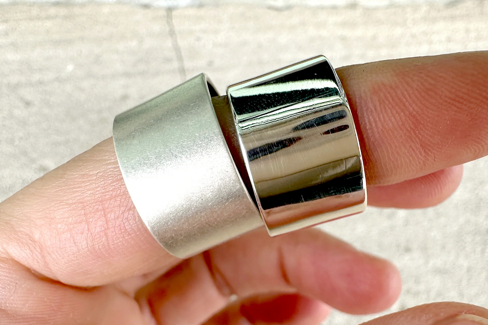 Matte and shiny sterling silver rings showing the difference between jewelry finishes