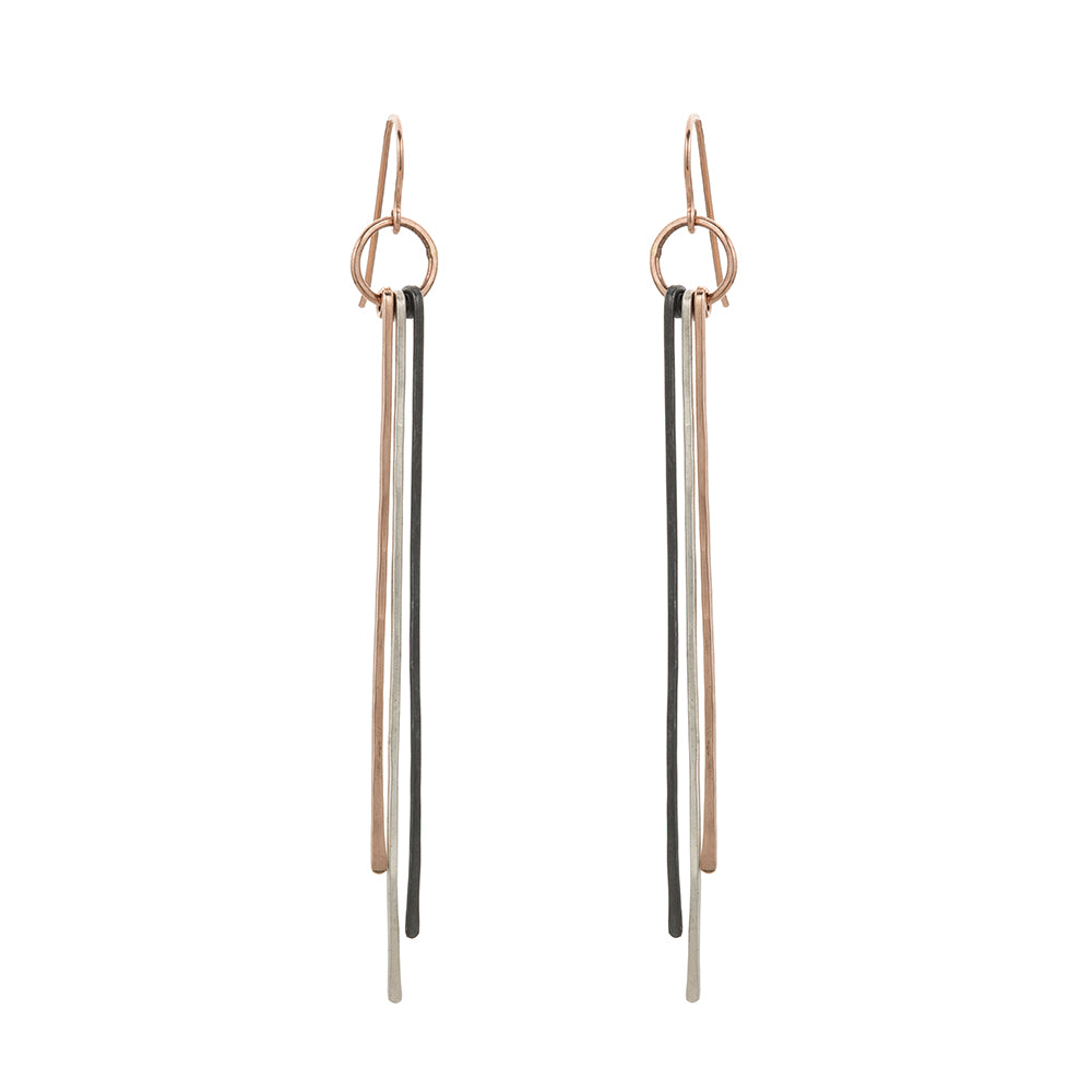 E314t.yg Tri Toned Mixed Metal Stick Earrings in Yellow Gold, Oxidized and Sterling Silver