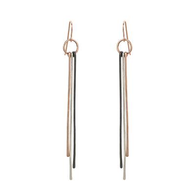 E314t.yg Tri Toned Mixed Metal Stick Earrings in Yellow Gold, Oxidized and Sterling Silver