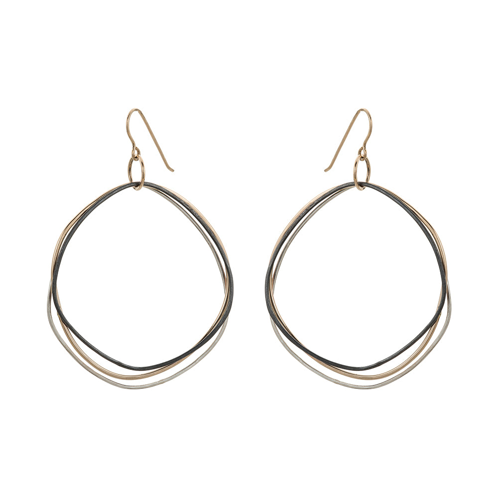 E315t.yg Organic Circle Multi-Loop Tri-Toned Earrings in Yellow Gold, Sterling Silver and Black Oxidized Silver