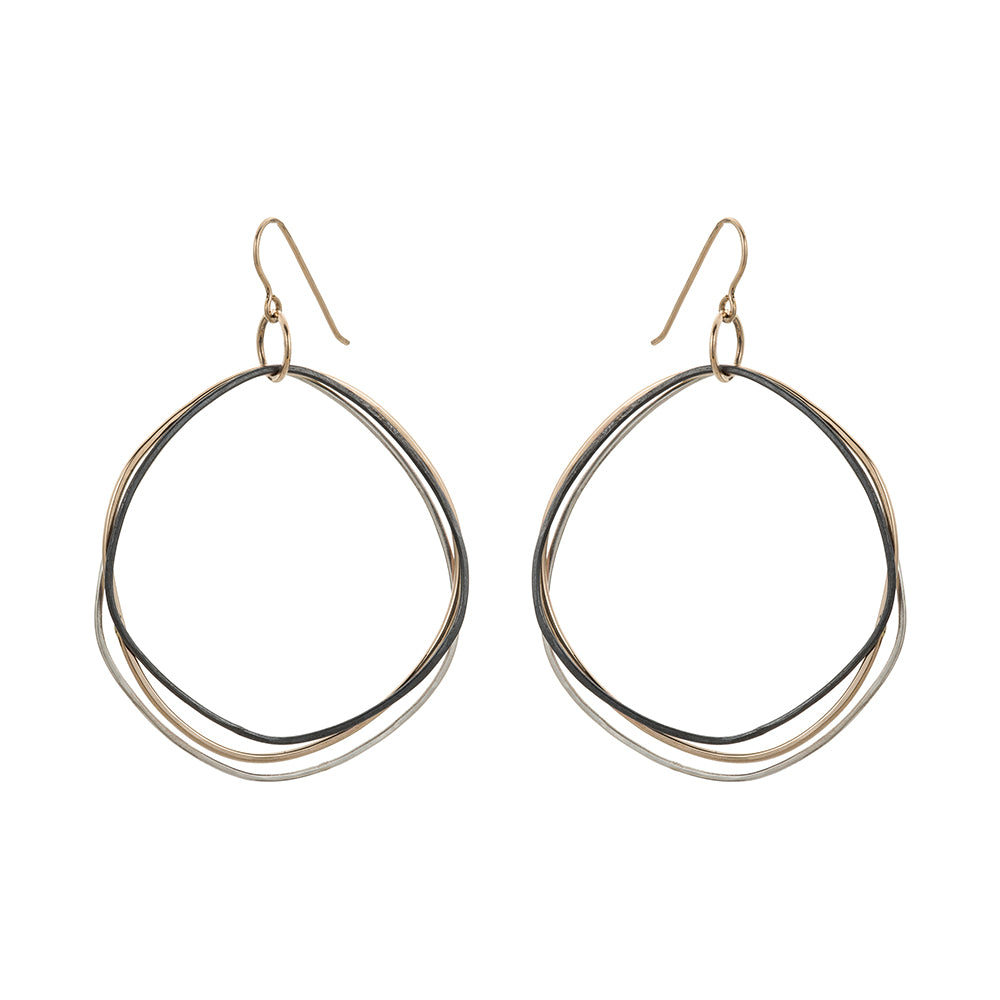 E315t.yg Organic Circle Multi-Loop Tri-Toned Earrings in Yellow Gold, Sterling Silver and Black Oxidized Silver