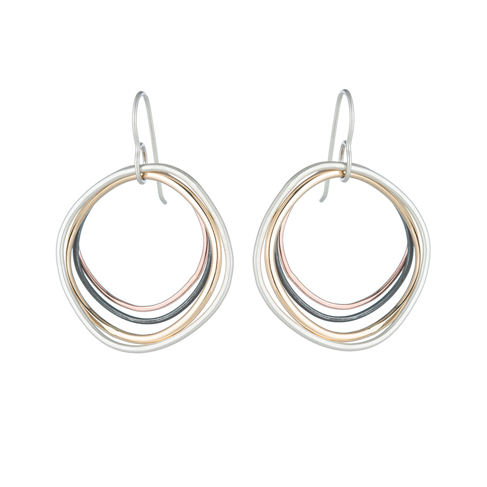 E344 Four Color Multi Square Hoop Earrings in Sterling Silver, Oxidized Silver, Yellow Gold and Rose Gold