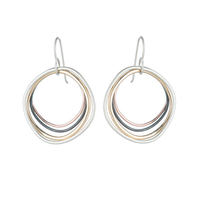 E344 Four Color Multi Square Hoop Earrings in Sterling Silver, Oxidized Silver, Yellow Gold and Rose Gold