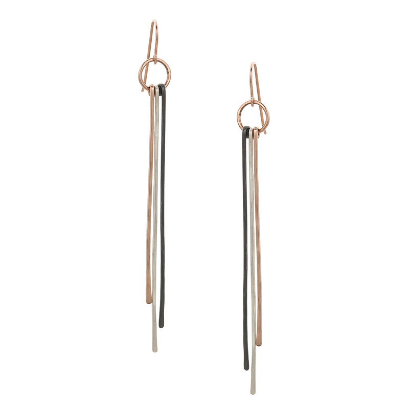 E314t.yg Tri Toned Mixed Metal Stick Earrings in Yellow Gold, Oxidized and Sterling Silver