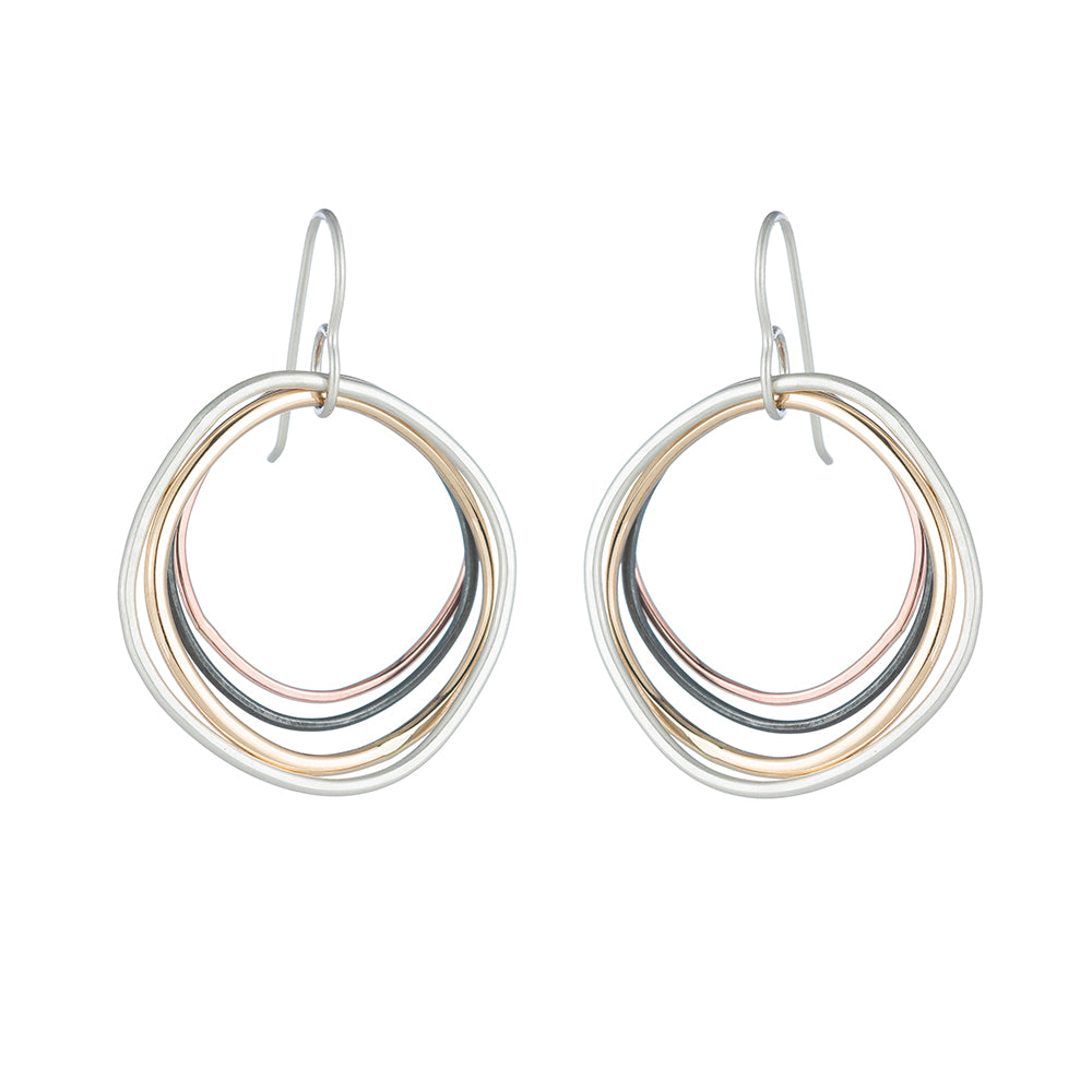 E344 Four Color Multi Square Hoop Earrings in Sterling Silver, Oxidized Silver, Yellow Gold and Rose Gold