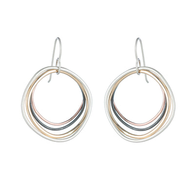 E344 Four Color Multi Square Hoop Earrings in Sterling Silver, Oxidized Silver, Yellow Gold and Rose Gold