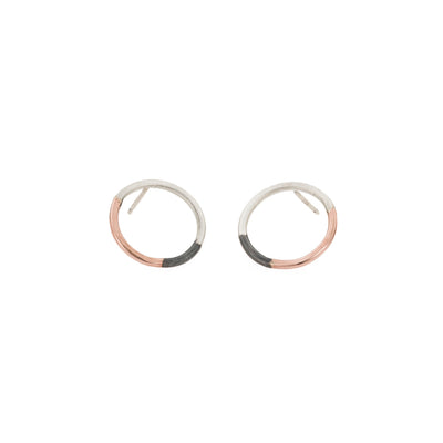 E305t.rg Tri-Toned Circle Post Earrings in Rose Gold, Sterling Silver and Oxidized Silver