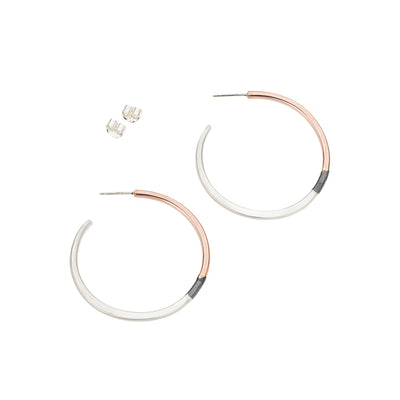 E310t.rg Tri-Toned Mixed Metal Classic Hoop Earrings in Rose Gold, Sterling Silver and Black Oxidized Silver