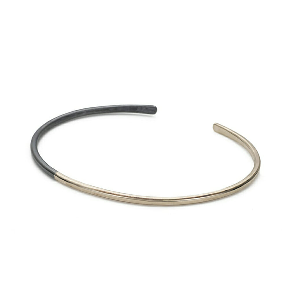 B83x.yg Thin Black Oxidized Silver & Yellow Gold Gibbous Mixed Metal Two-Toned Cuff Bracelet