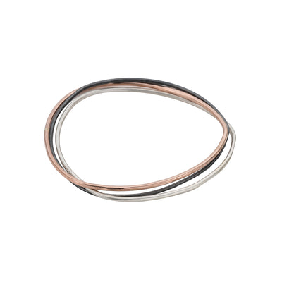 B93.5t.rg 3-Loop Tri-Toned Mixed Metal Interlocking Bangle Bracelet in Yellow Rose Gold, Sterling and Black Oxidized Silver