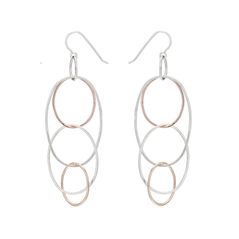 e159s.rg.yg Long Organic Multi-Hoop Earrings in Sterling Silver, Rose Gold and Yellow Gold