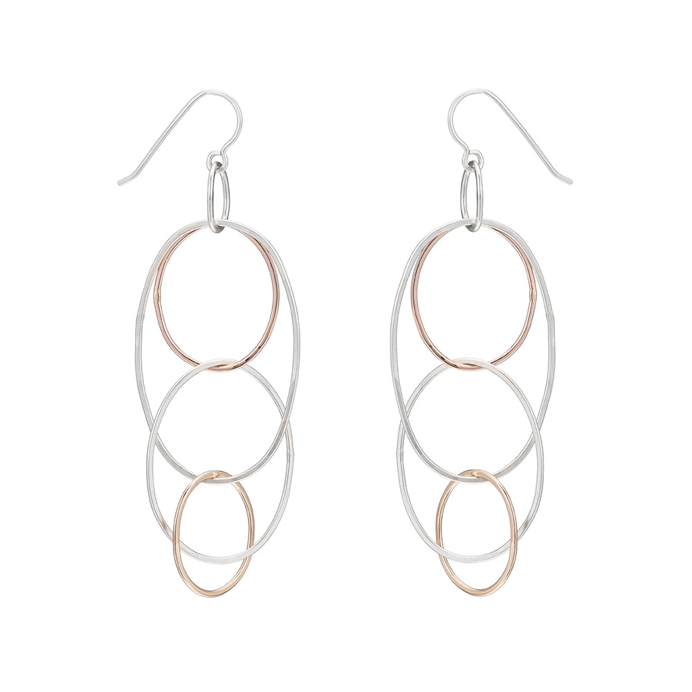 e159s.rg.yg Long Organic Multi-Hoop Earrings in Sterling Silver, Rose Gold and Yellow Gold