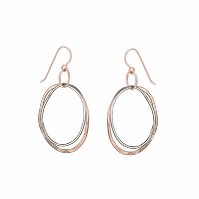 E163g.rg Two-Toned Mixed Metal Rose Gold and Silver Double Organic Hammered Hoop Earrings