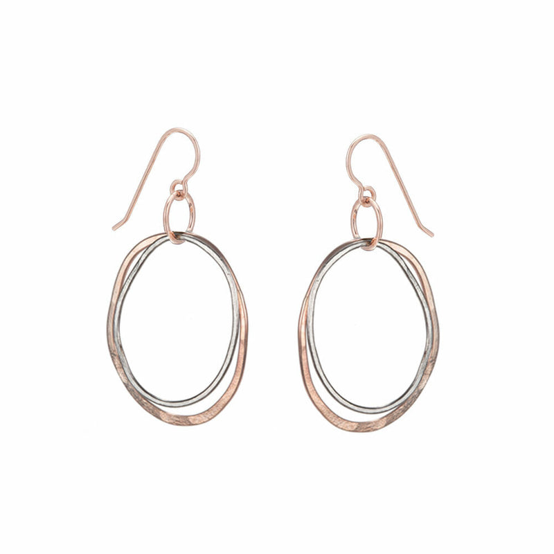 E163g.yg Two-Toned Mixed Metal Yellow Gold and Silver Double Organic Hammered Hoop Earrings