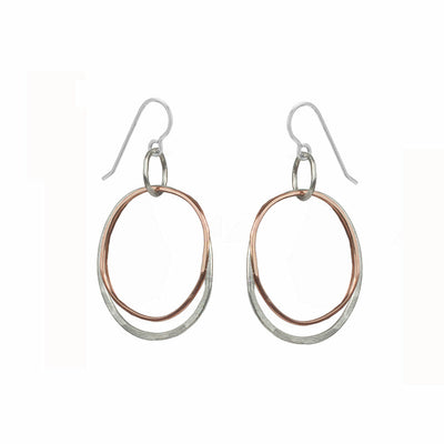 E163s.rg Two-Toned Mixed Metal Rose Gold and Silver Double Organic Hammered Hoop Earrings