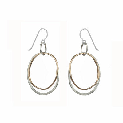 E163s.yg Two-Toned Mixed Metal Double Organic Hammered Hoop Earrings in Sterling Silver and Yellow Gold