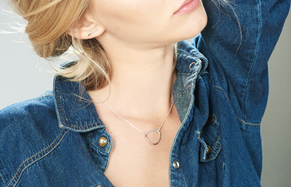Model wearing Mixed Metal Two Tone Natural Tear Drop Rose Gold and Silver Necklace on Silver Chain