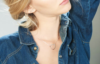 Model wearing Mixed Metal Two Tone Natural Tear Drop Rose Gold and Silver Necklace on Silver Chain