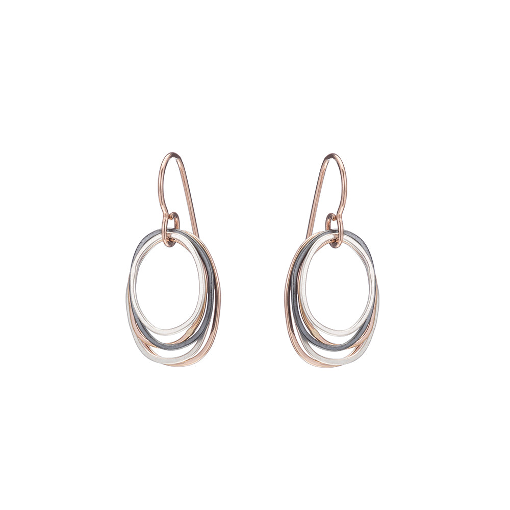E323g.t.rg Mini Tri-Toned Oblong Earrings in Rose Gold, Sterling and Oxidized Silver