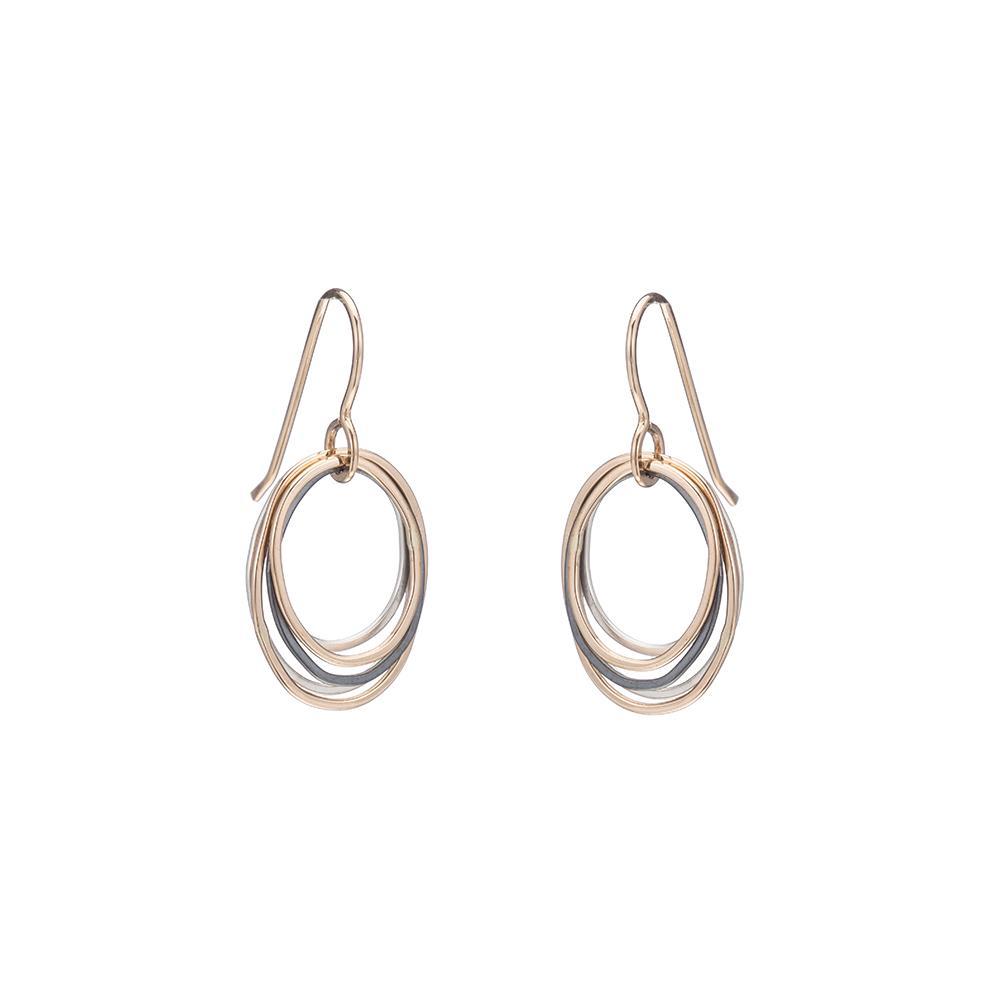 E323g.t.yg Mini Tri-Toned Oblong Earrings in Yellow Gold, Sterling and Oxidized Silver