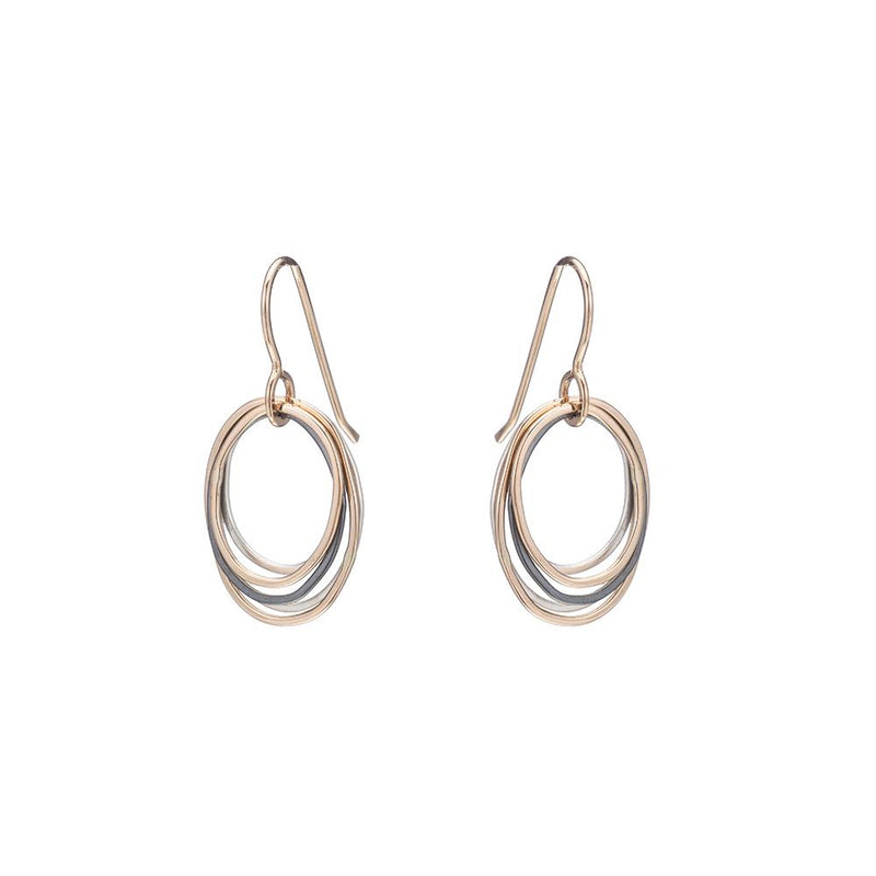 E323g.t.yg Mini Tri-Toned Oblong Earrings in Yellow Gold, Sterling and Oxidized Silver