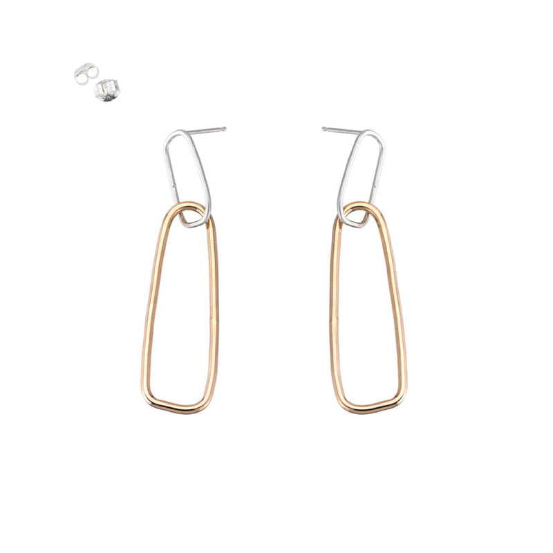 E336s.yg Interlocking Rectangle Post Earrings in Yellow Gold and Silver