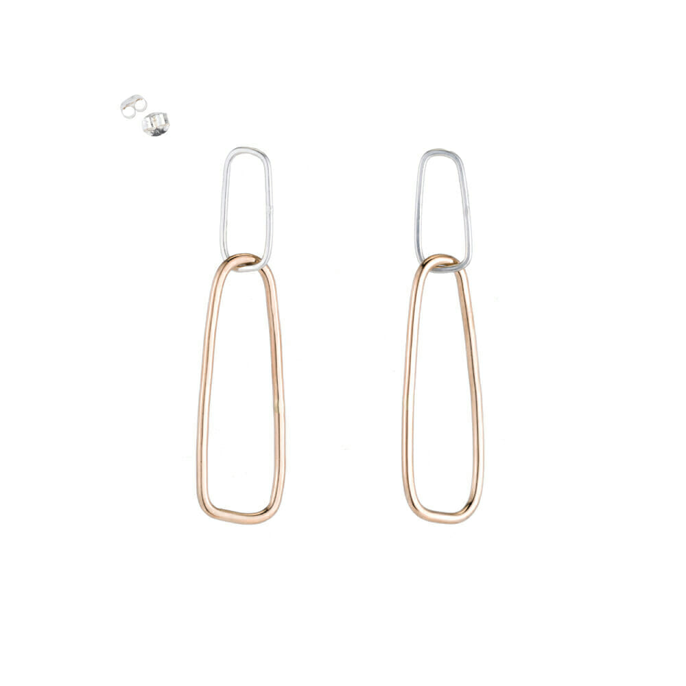 E336s.yg Interlocking Rectangle Post Earrings in Yellow Gold and Silver