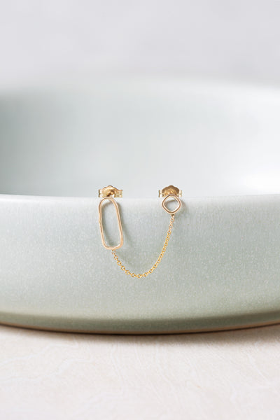 E352yg Square, Rectangle & Chain Double Post Earring in Yellow Gold