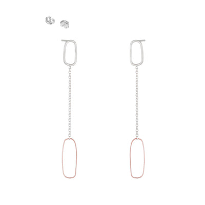 E353s.rg Rectangle & Chain Post Earring in Sterling Silver and Rose Gold