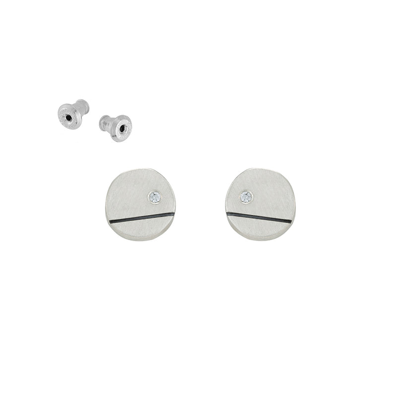 E360 Black & White Line and Disc Stud Earrings with Tiny Diamonds