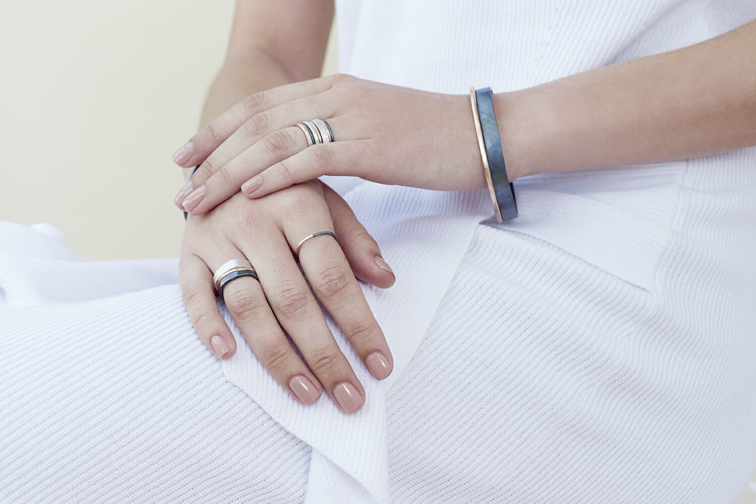 R38x.RND 3-Stack Two-Toned Round Densa Ring Set in Yellow Gold, Sterling and Black Oxidized Silver