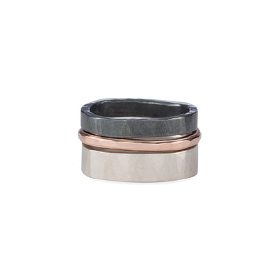 R38rg.RND 3-Stack Two-Toned Round Densa Ring Set in Rose Gold, Sterling and Black Oxidized Silver