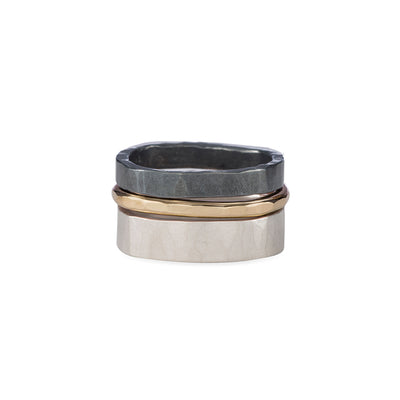 R38x.RND 3-Stack Two-Toned Round Densa Ring Set in Yellow Gold, Sterling and Black Oxidized Silver
