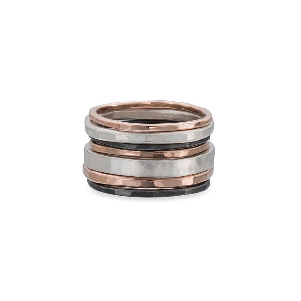 R43rg.RND 7-Stack TRI-Toned Mixed Metal Round Ring With Wide Band in Rose Gold, Sterling Silver and Black Oxidized Silver
