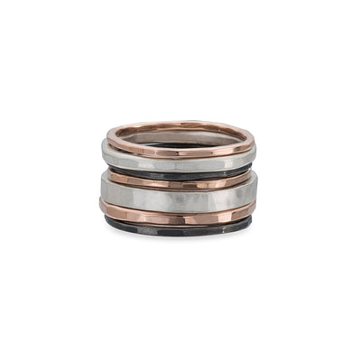 R43rg.RND 7-Stack TRI-Toned Mixed Metal Round Ring With Wide Band in Rose Gold, Sterling Silver and Black Oxidized Silver