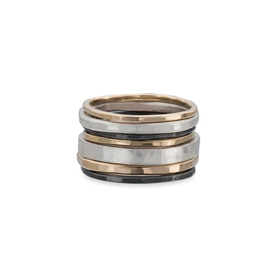 R43yg.RND 7-Stack TRI-Toned Mixed Metal Round Ring With Wide Band in Yellow Gold, Sterling Silver and Black Oxidized Silver