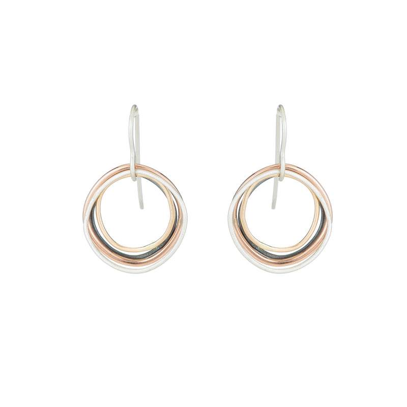 E344 Four Color Multi Square Hoop Earrings in Sterling Silver, Oxidized Silver, Yellow Gold and Rose Gold