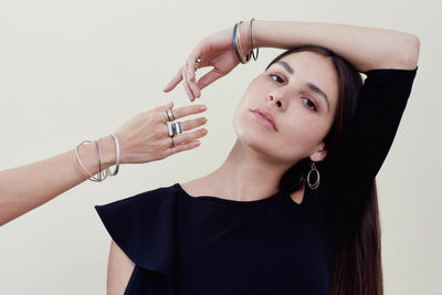 Layered Look by Colleen Mauer Designs: E163g.rg Double Organic Hoop Earrings in Rose Gold and Sterling Silver with Square and Round Stacking Rings and Bracelets