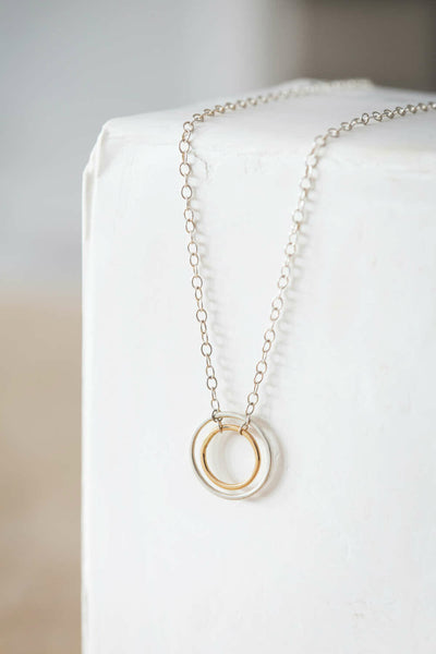 N228s.yg Silver and Yellow Gold Nesting Necklace on Sterling Silver Chain- Lifestyle Image